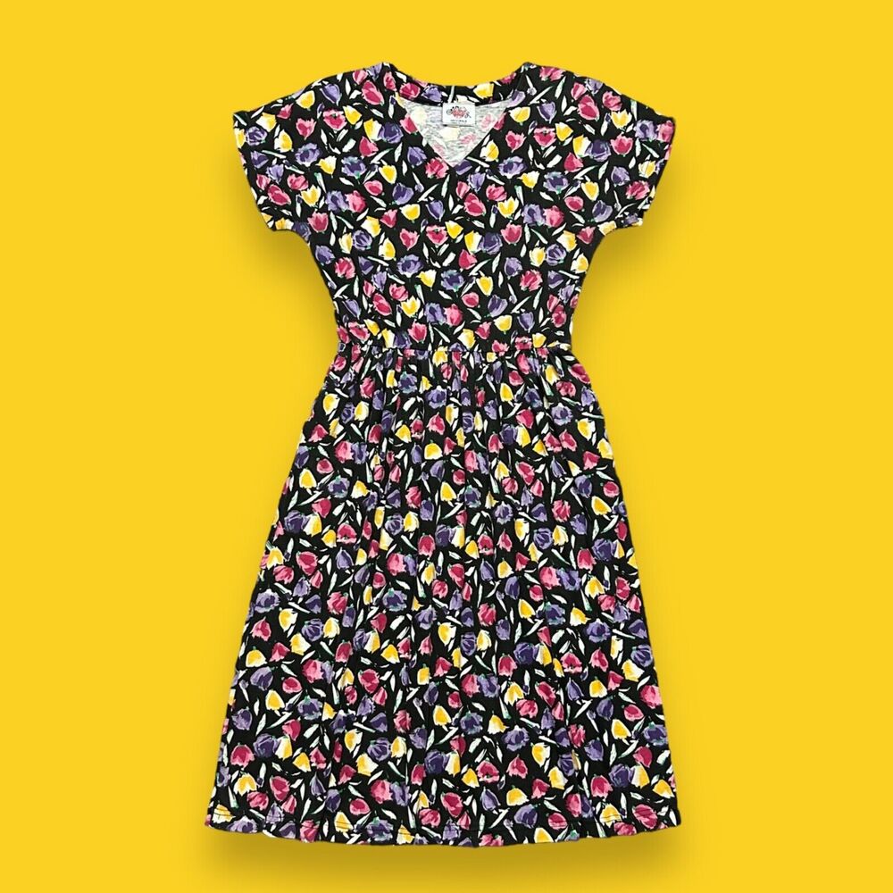 Vintage Lanz Floral Dress Flower Print Cottagecore 80s Cotton Black Colorful